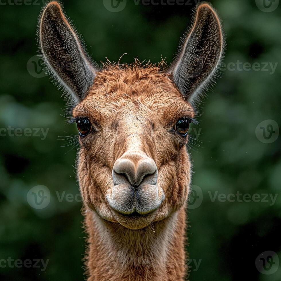 Close up portrait of a curious llama looking directly at the camera photo