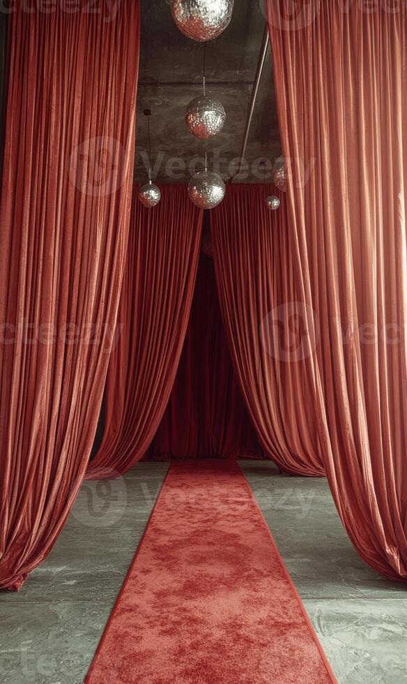 Red velvet curtains and red carpet leading to an unseen space photo