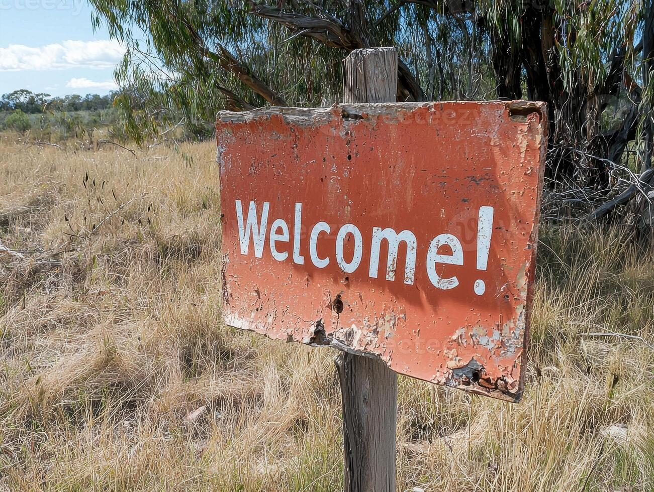 Rustic Welcome Sign in a Dry Field photo