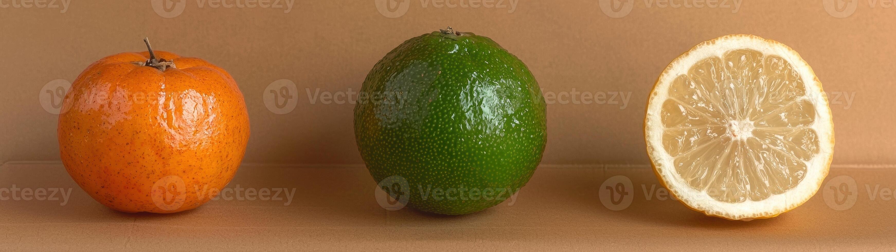 Three vibrant citrus fruits on a neutral background photo