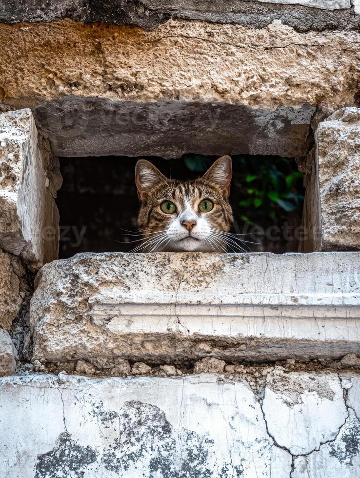 Curious cat peeking through a hole in an old stone wall photo