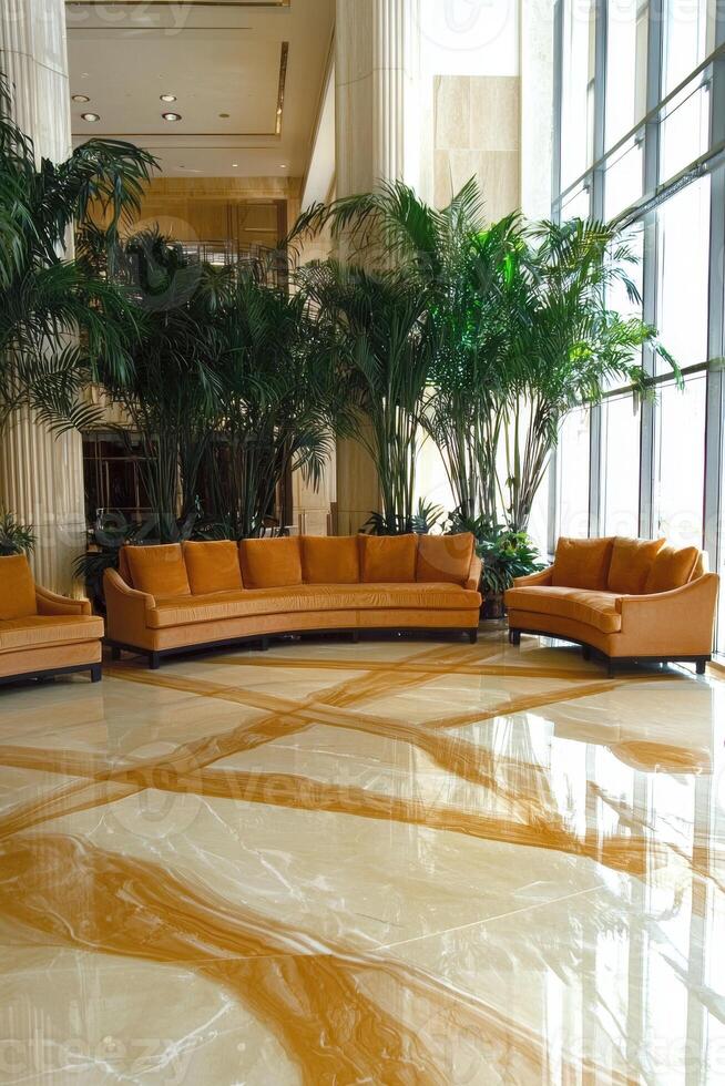 Luxury hotel lobby with orange couches and palm trees photo