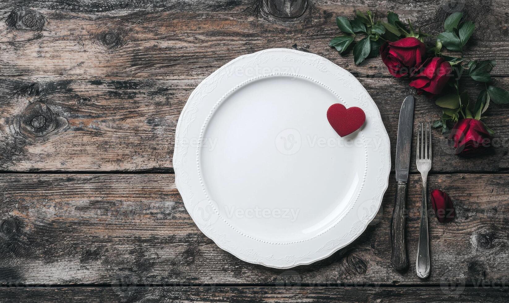 Romantic Valentines Day dinner setting with red roses and heart decoration photo