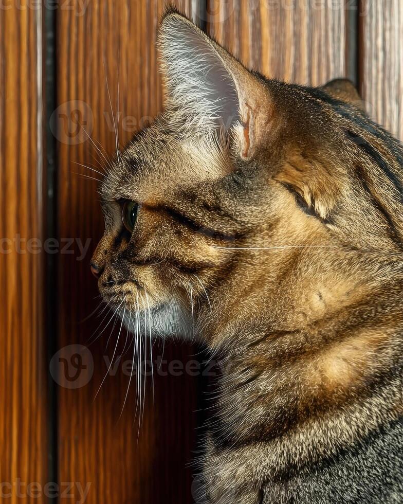 Close up profile of a tabby cat against a wooden background photo