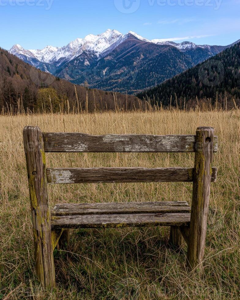 Rustic wooden bench overlooking snow capped mountains photo