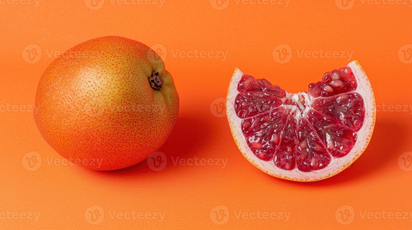 Close up of a whole and a slice of red grapefruit on an orange background photo