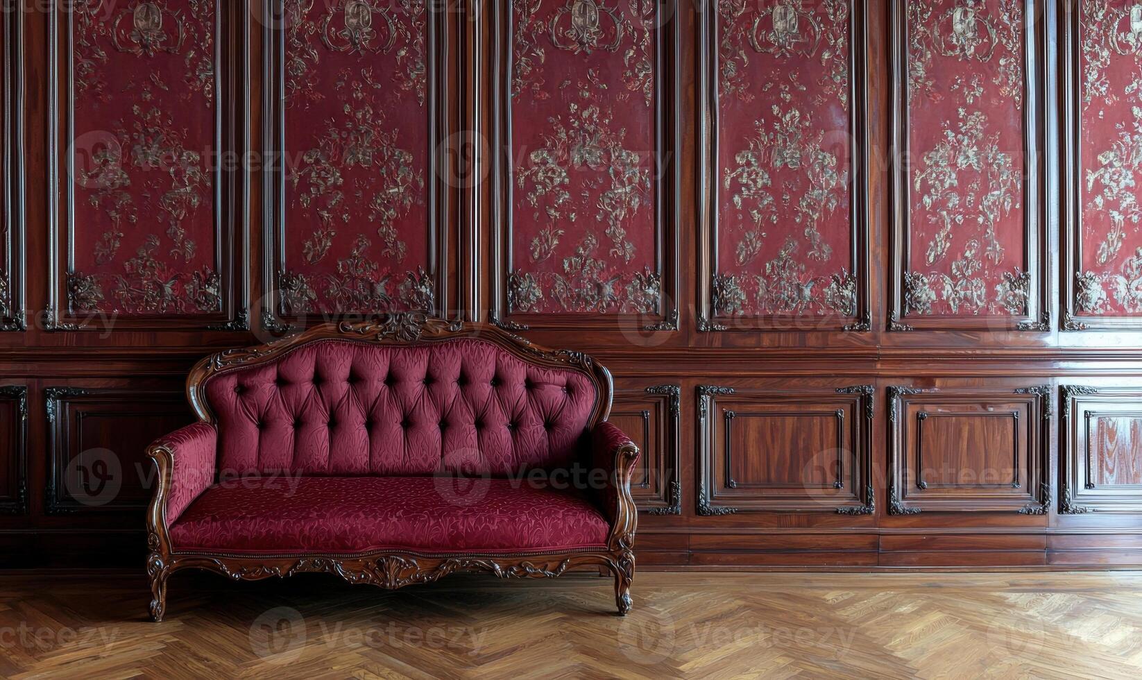 Antique Crimson Velvet Sofa in a Luxurious Room photo