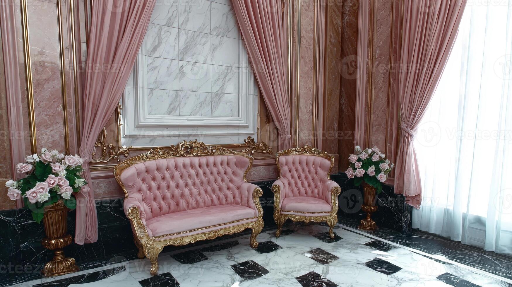 Elegant pink velvet chairs and sofa in a luxurious room photo