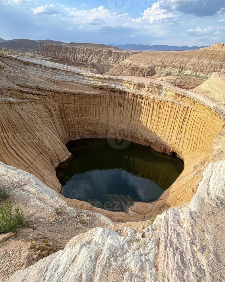 Aerial view of a stunning natural sinkhole filled with crystal clear water photo
