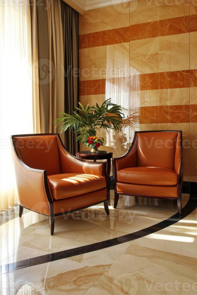 Luxurious living room with orange leather armchairs and marble floor photo