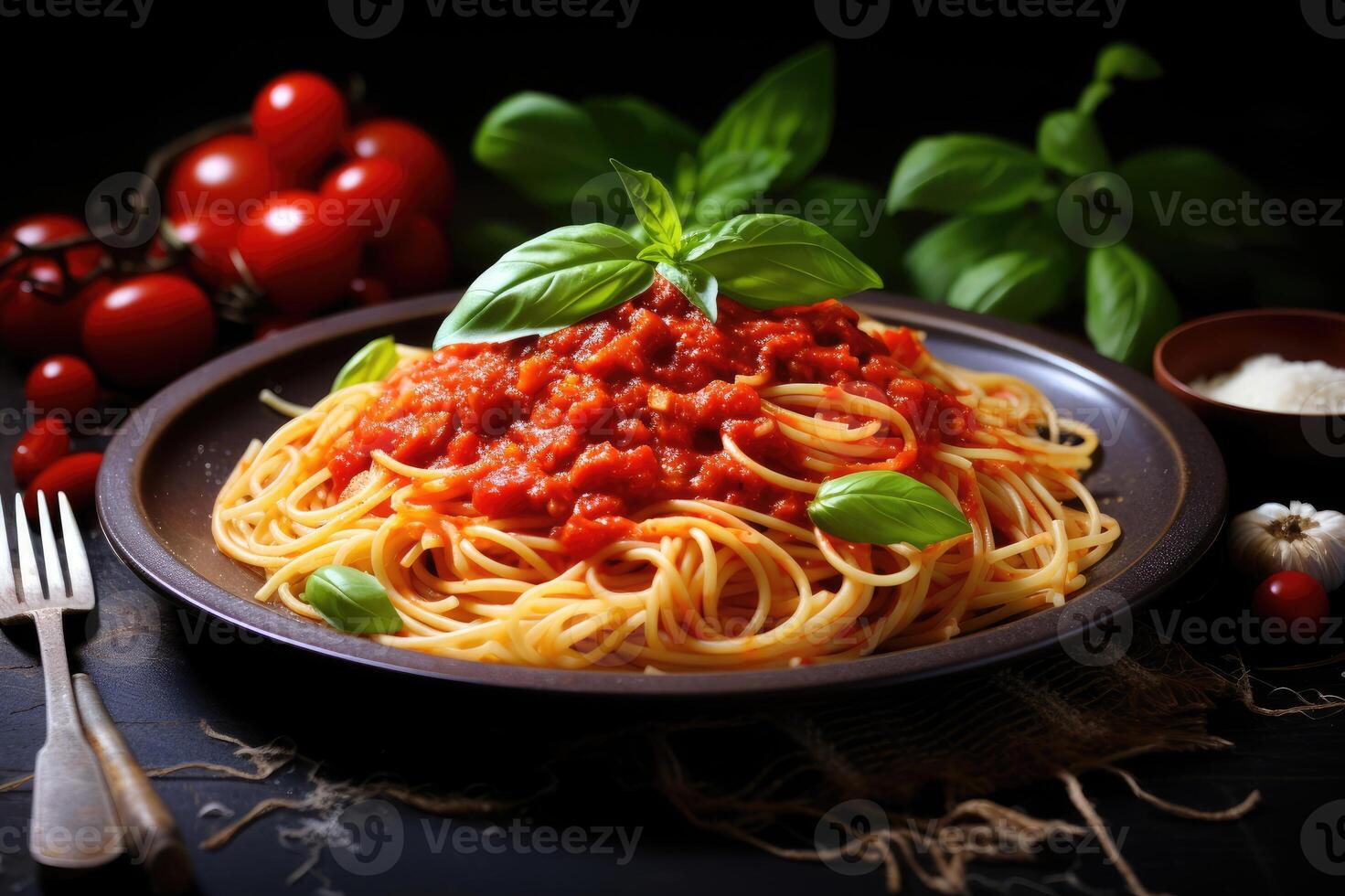 Spaghetti with marinara sauce on a black background. photo