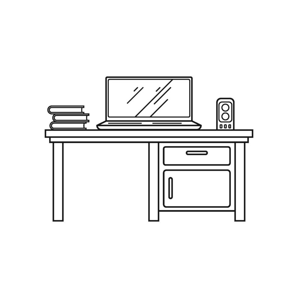 Hand-Drawn Outline of Office Desk Setup with Laptop and Books vector
