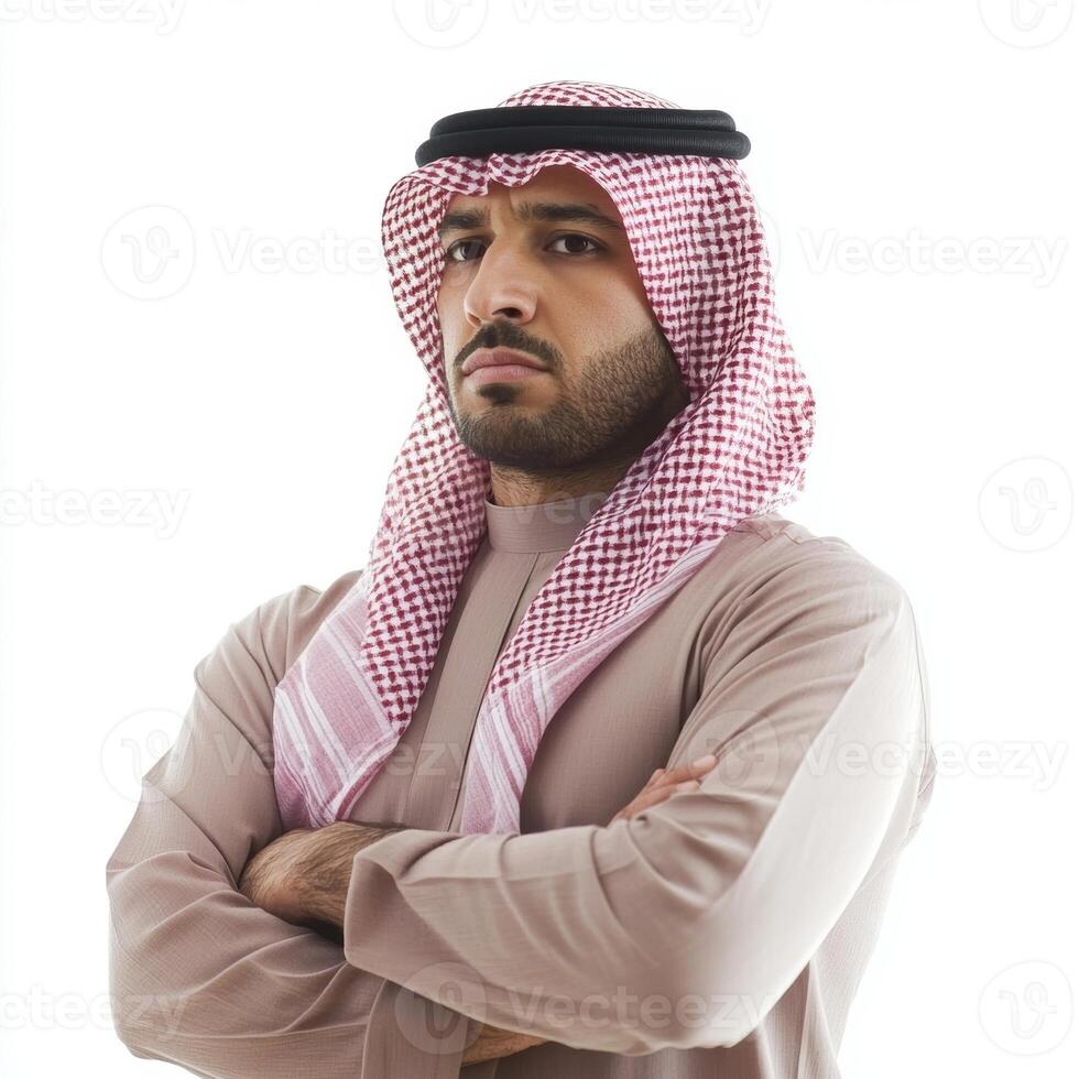 Arab man with folded arms on white background photo