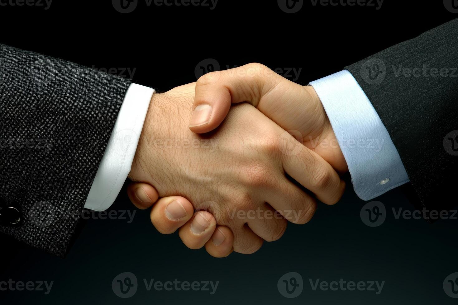 Two business people shaking hands over a black background photo