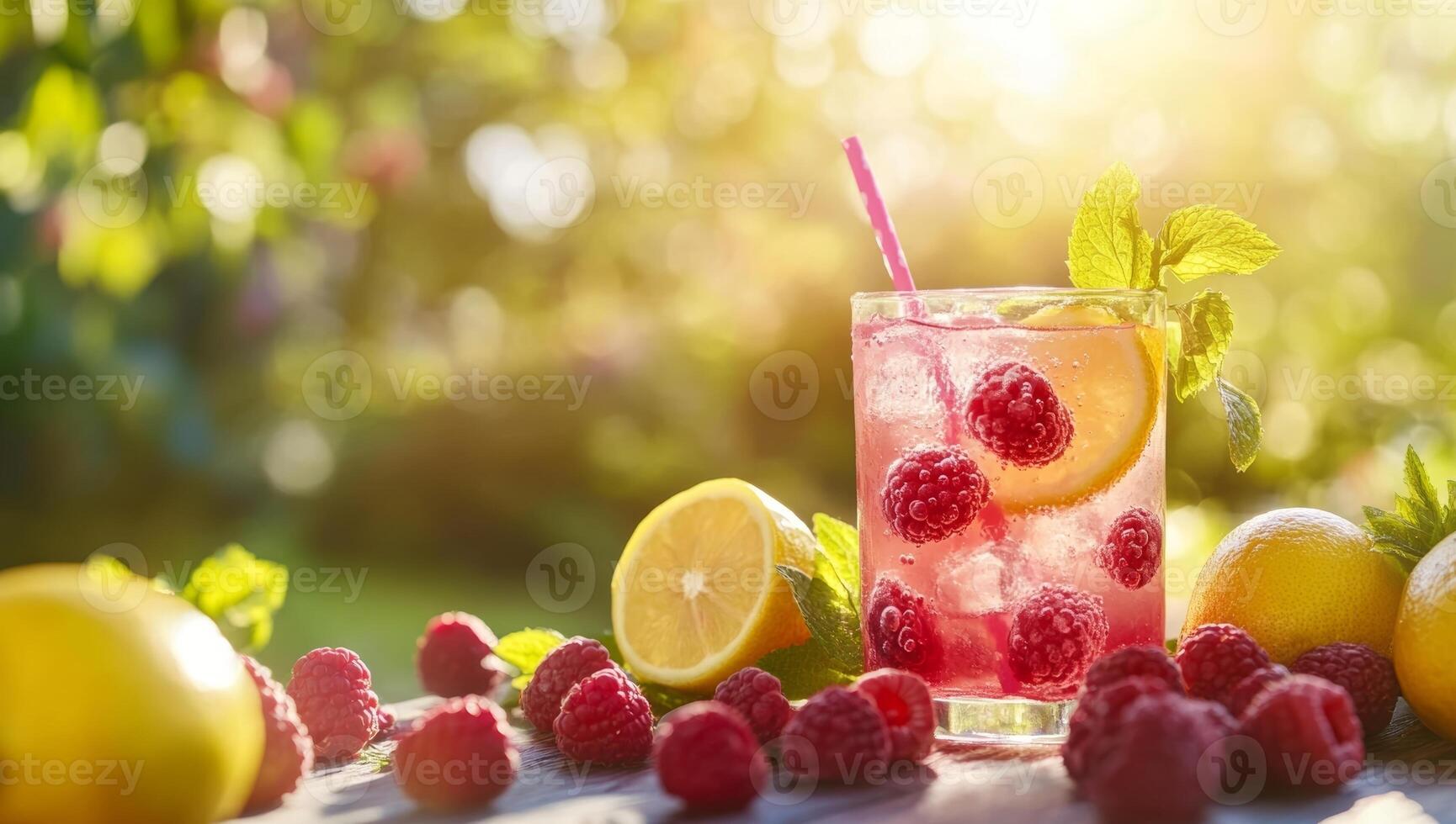 Raspberry lemonade with fresh raspberries and lemons photo