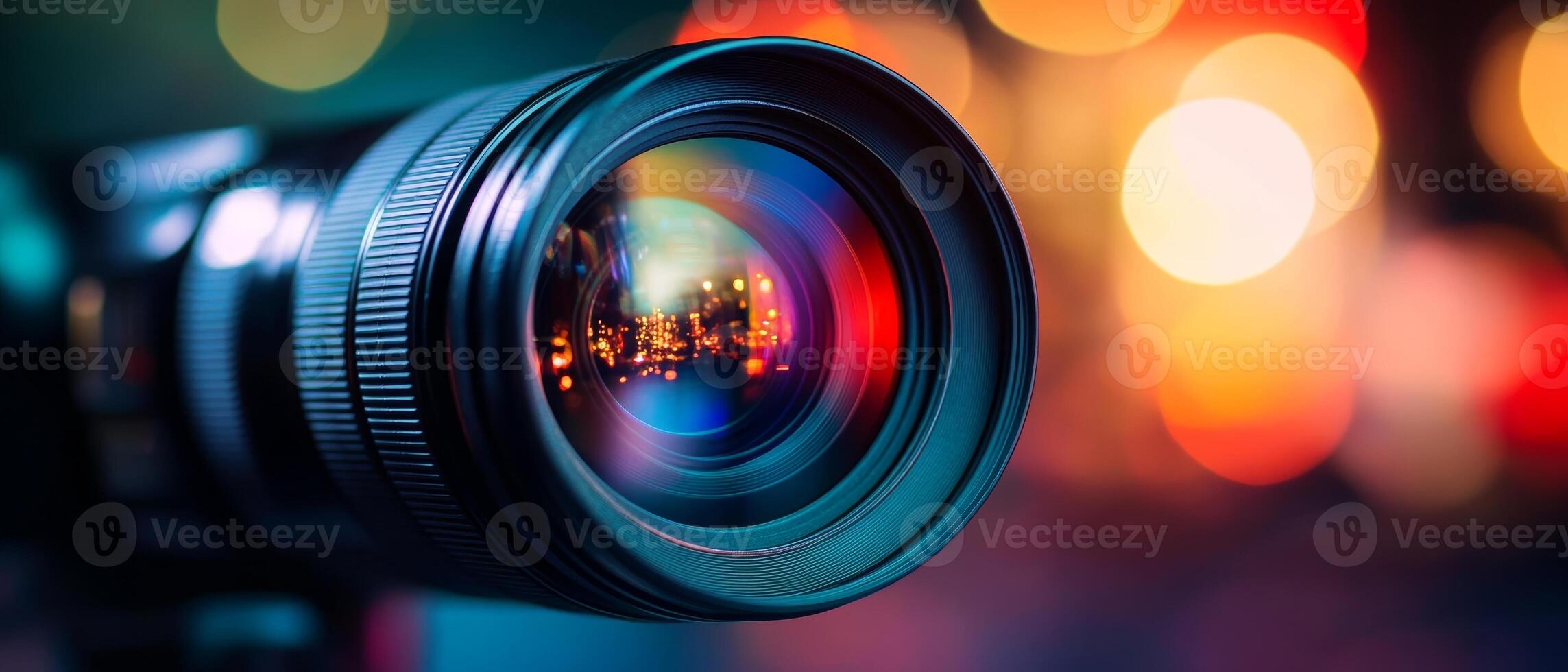 A camera lens is shown in front of a blurred background photo