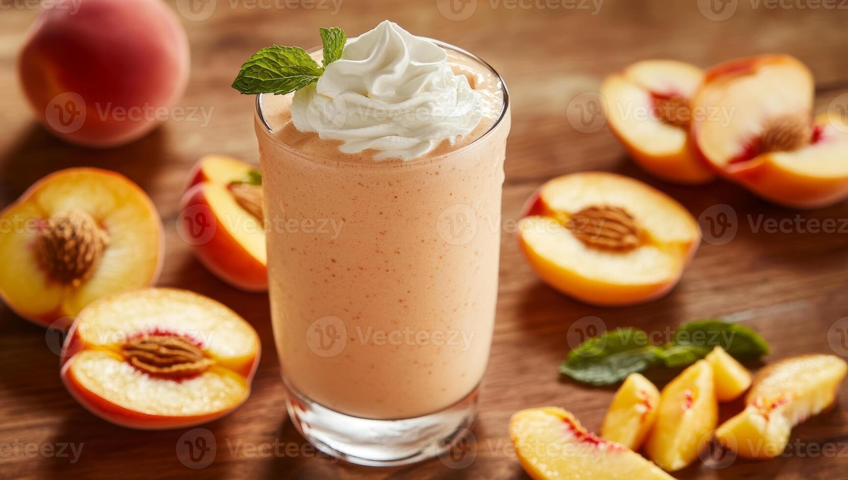 A glass of peach smoothie with whipped cream and mint leaves photo