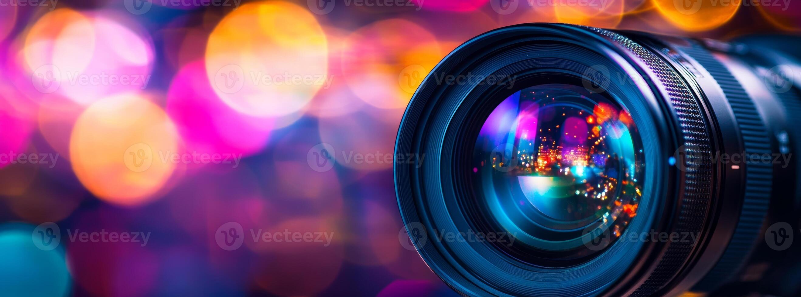 A camera lens is shown in front of colorful lights photo