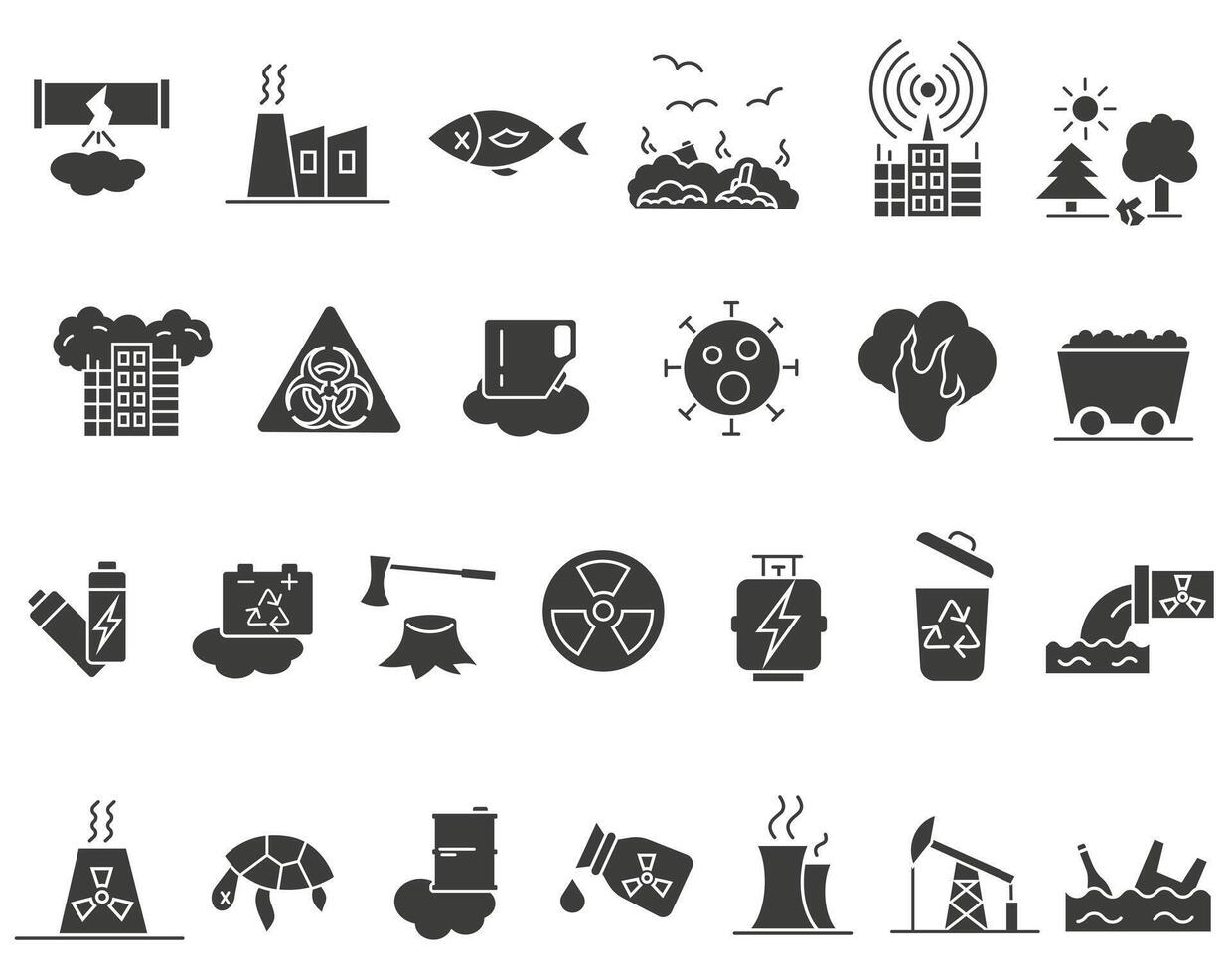 Dark full environmental pollution icons. Causes and consequences of environmental pollution. vector