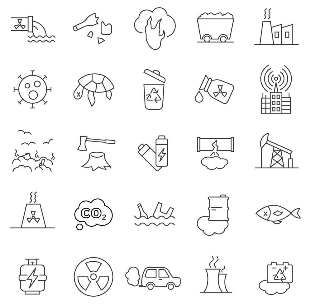 Environmental pollution. Thin line pollution icons. Causes and consequences of environmental pollution. vector