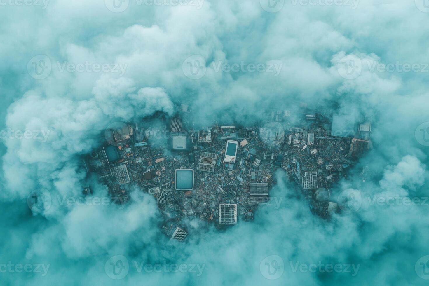 Visual representation of city in chaos amidst an electronic world collapse featuring an aerial view with buildings shrouded in smoke and fog creating a surreal atmosphere of destruction and confusion photo