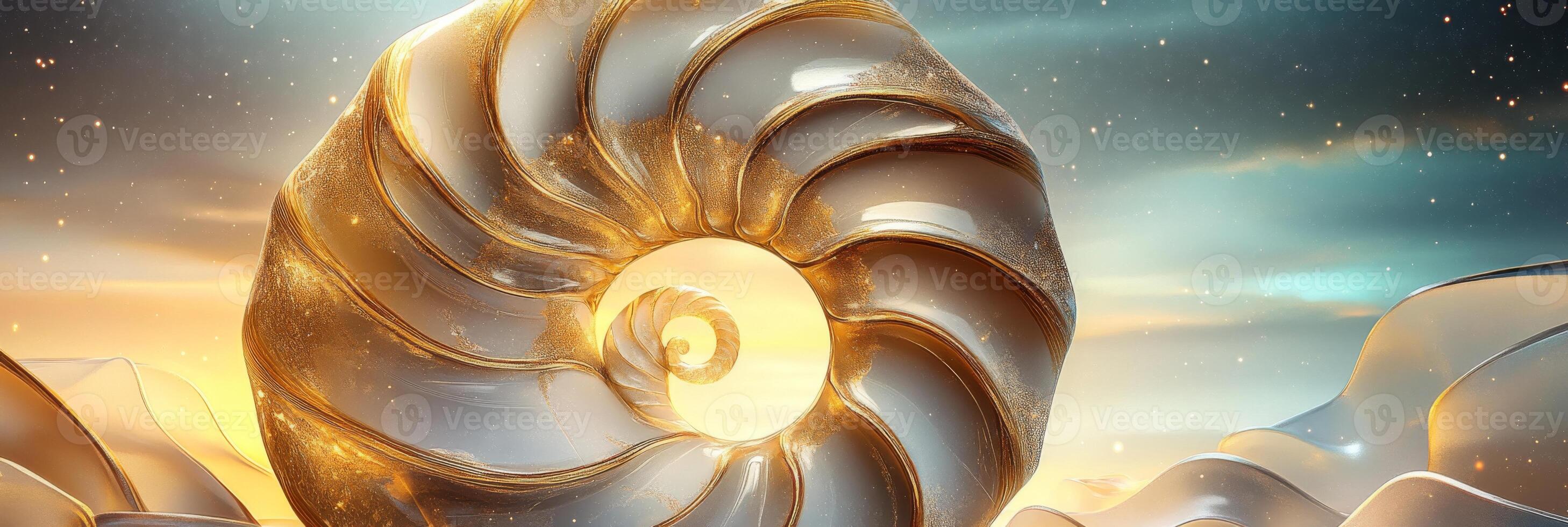 Ammonite banner showcasing intricate design and luminous colors in a serene coastal setting at sunset photo