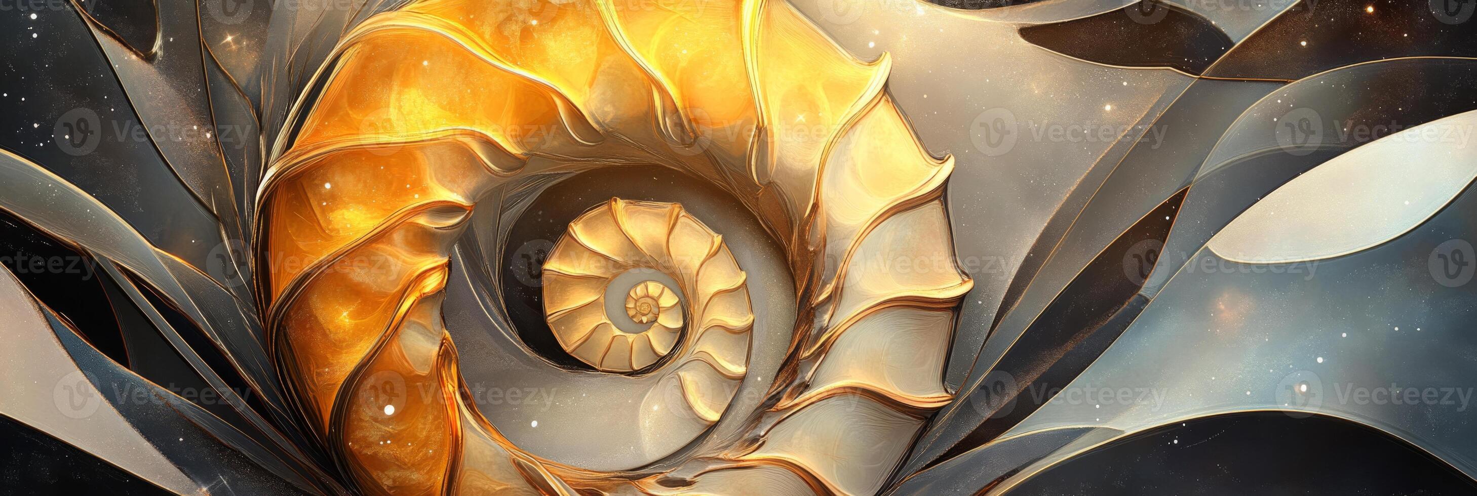 Ammonite banner displaying a vibrant golden spiral, symbolizing natural beauty and ancient marine life in a cosmic setting, illustrating intricate patterns and harmony photo