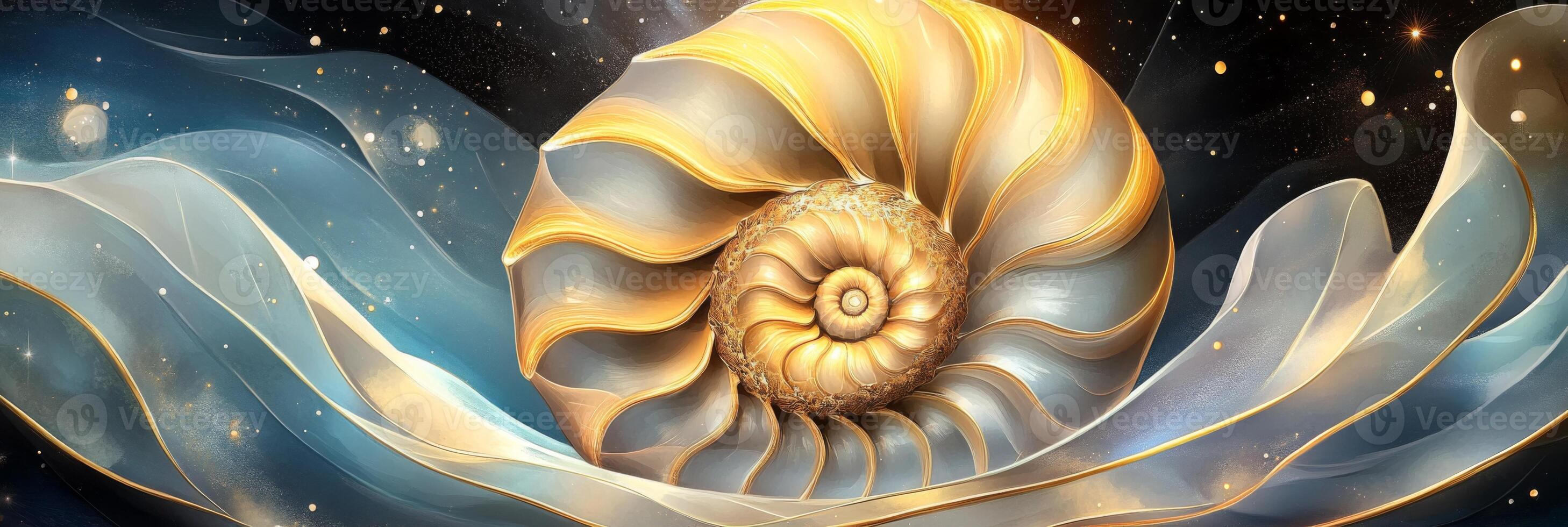 Ammonite banner showcasing a beautifully designed nautilus shell with golden highlights set against a starry night background, emphasizing natures elegance and intricate patterns photo