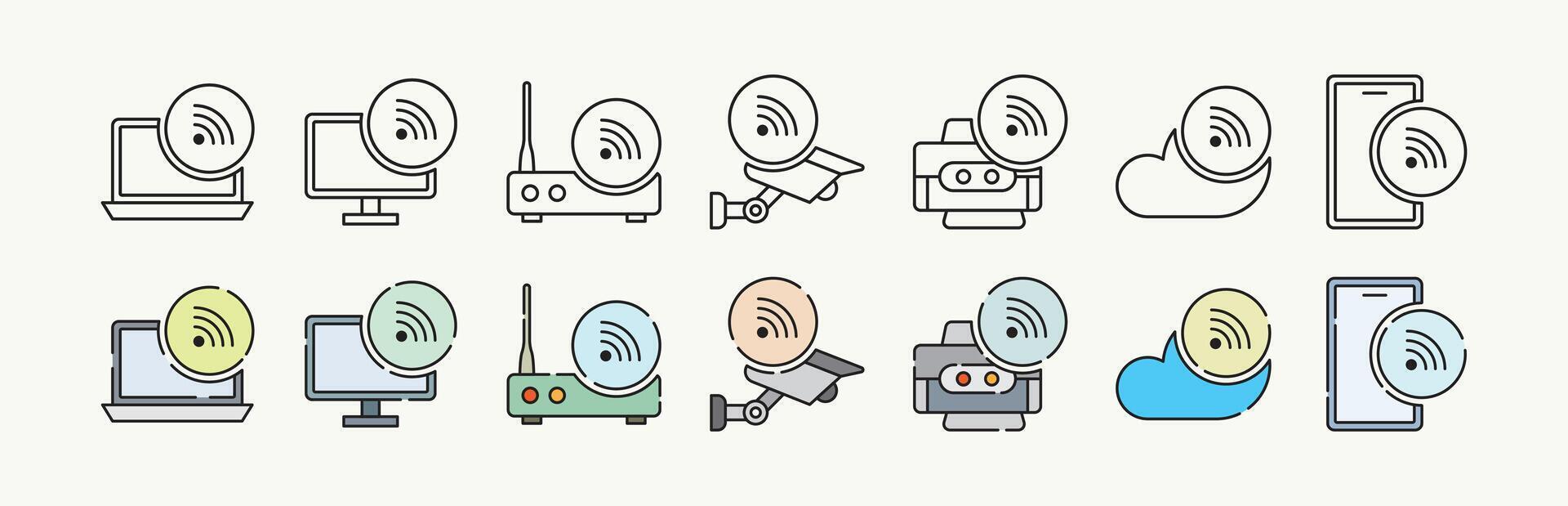 Digital devices with wireless connection representative line and flat color with outline icon set design vector
