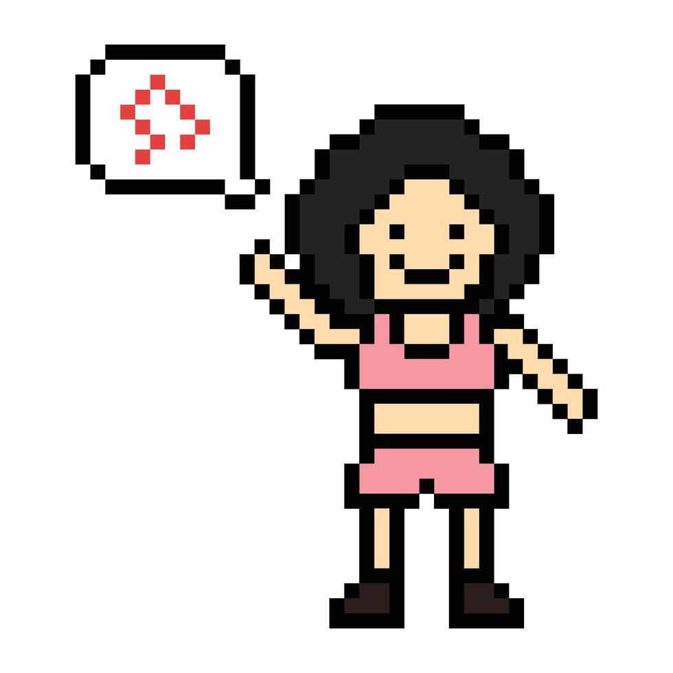 Pixel 8 bit art woman female lady happy girl music dance love exercise listen gym. vector