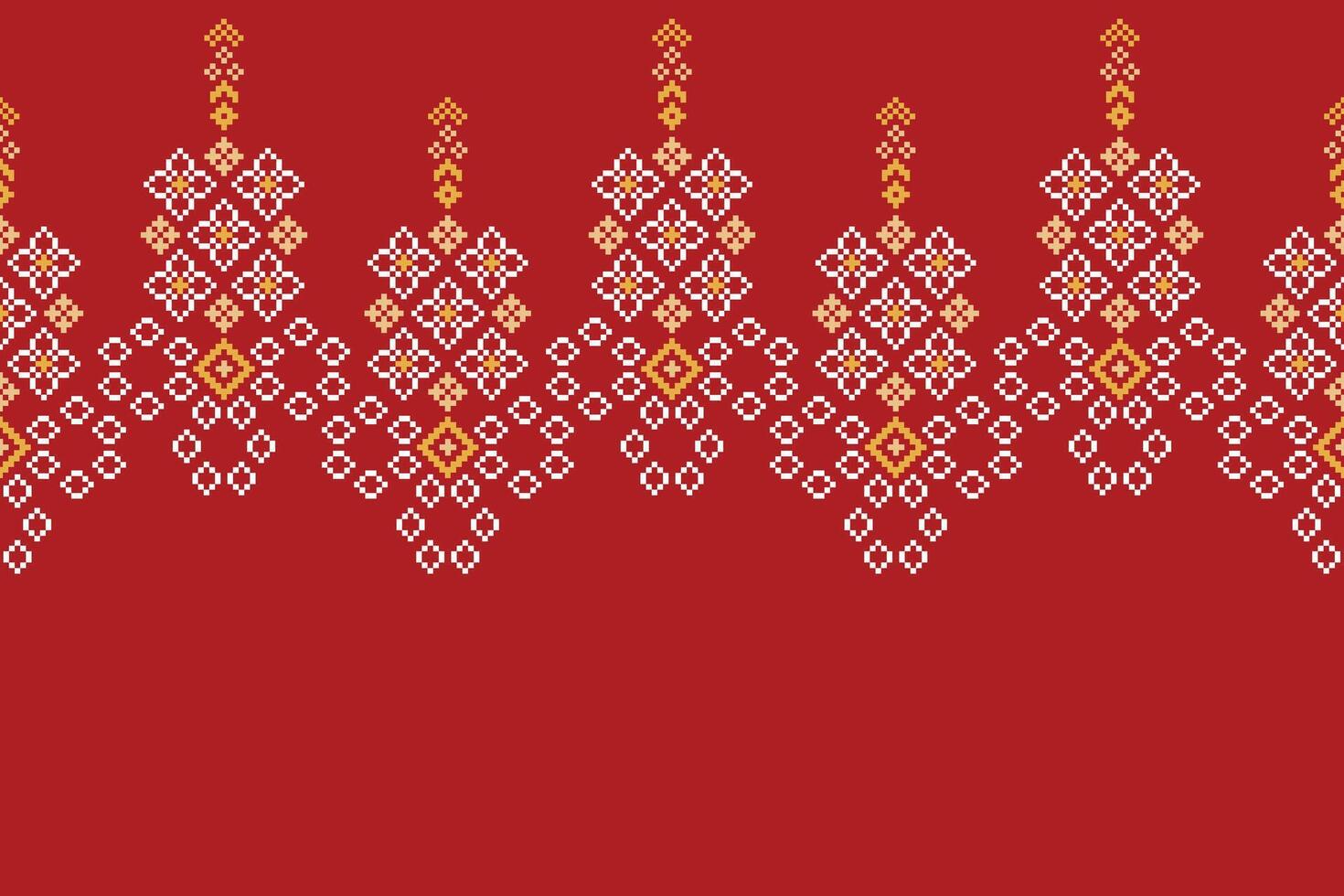 Cross stitch red color background motif fabric pattern and decor ethnic design. vector