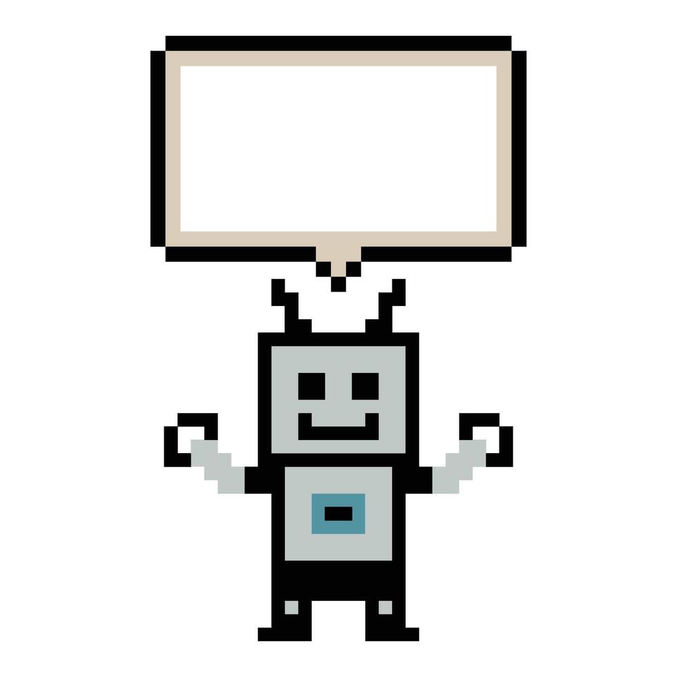 Cartoon cute pixel art robot AI with blank chat box robot machine 8bit. vector