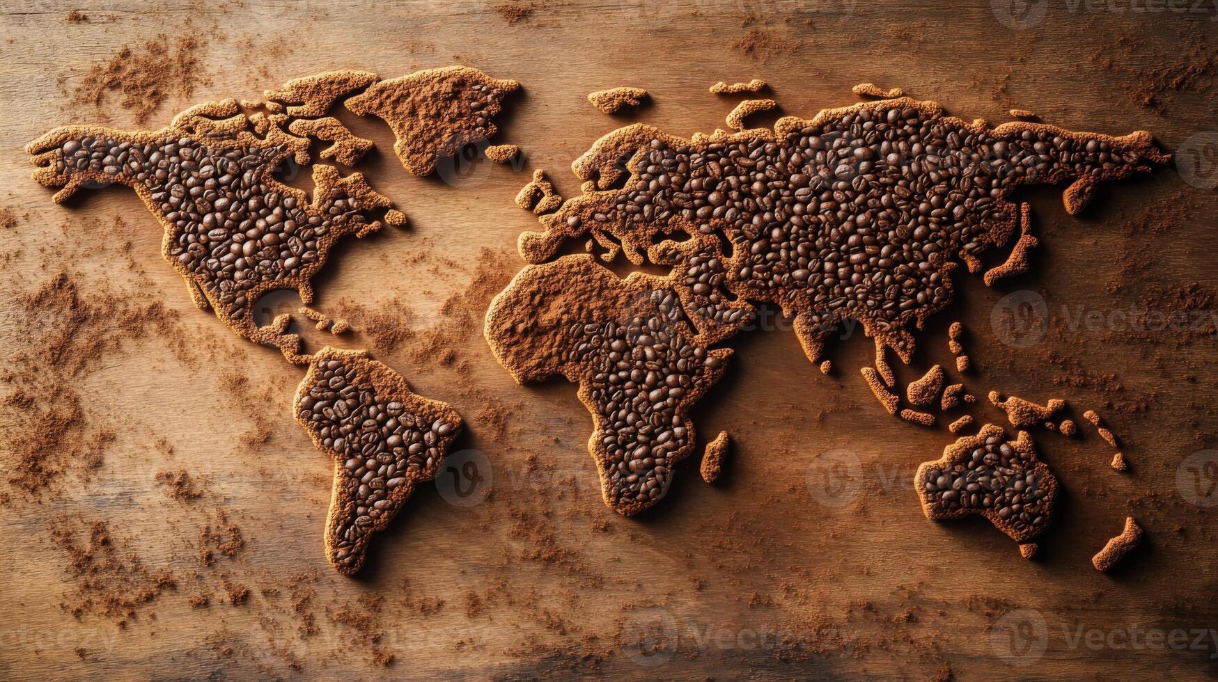 Coffee world map created from coffee beans, showcasing global coffee producing regions on a wooden surface, highlighting the rich cultures and diversity of coffee photo