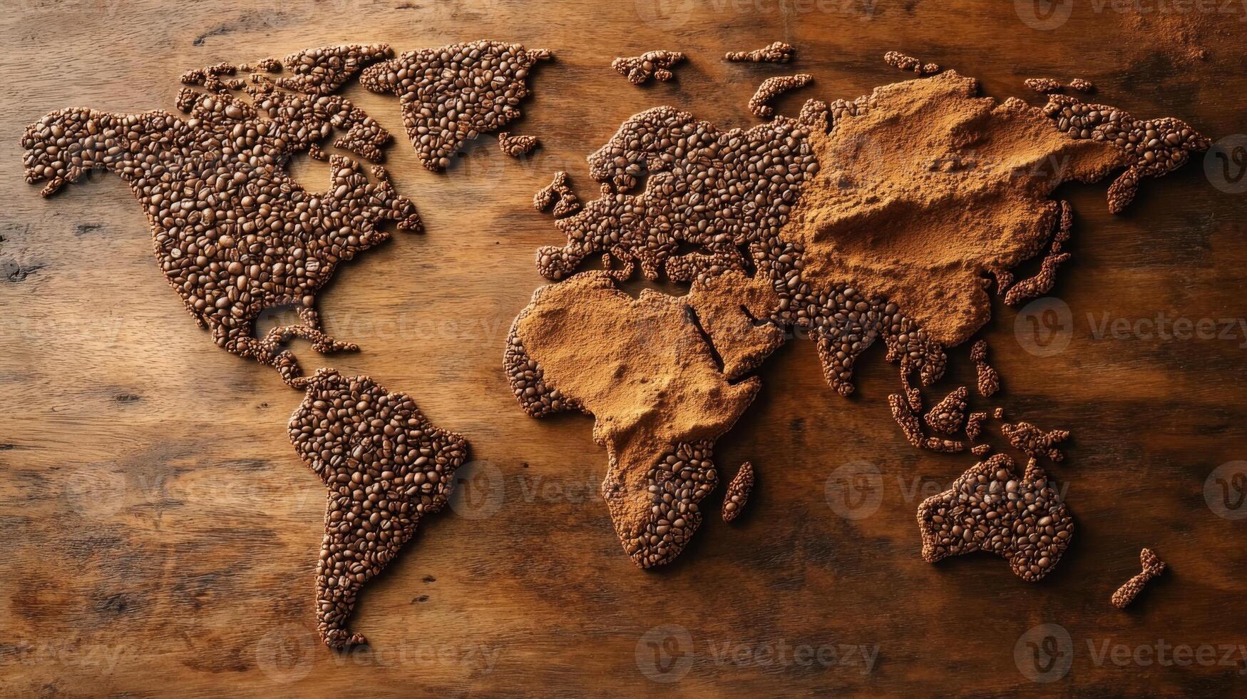 Exploration of coffees global influence represented through a crafted world map made of coffee beans and grounds, showcasing regions known for coffee cultivation and culture photo