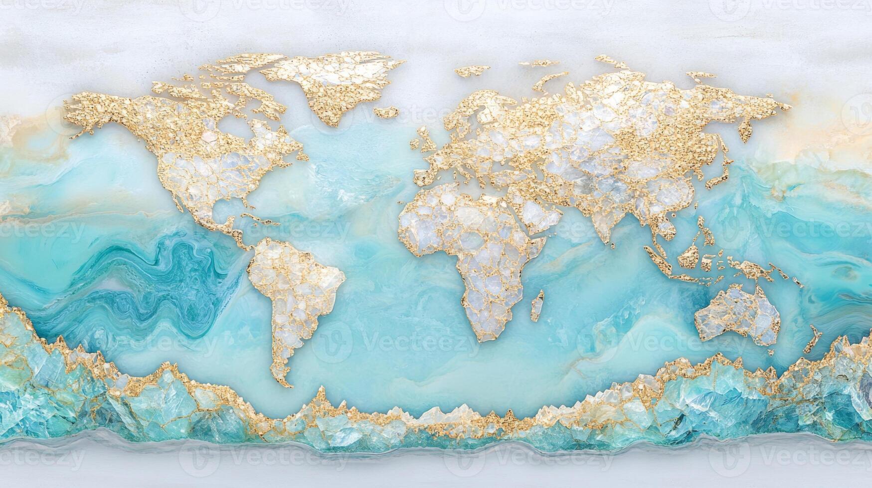 Map design created from precious minerals showcasing the continents and oceans with shimmering gold accents, highlighting unique textures and colors of natural elements in a decorative manner photo