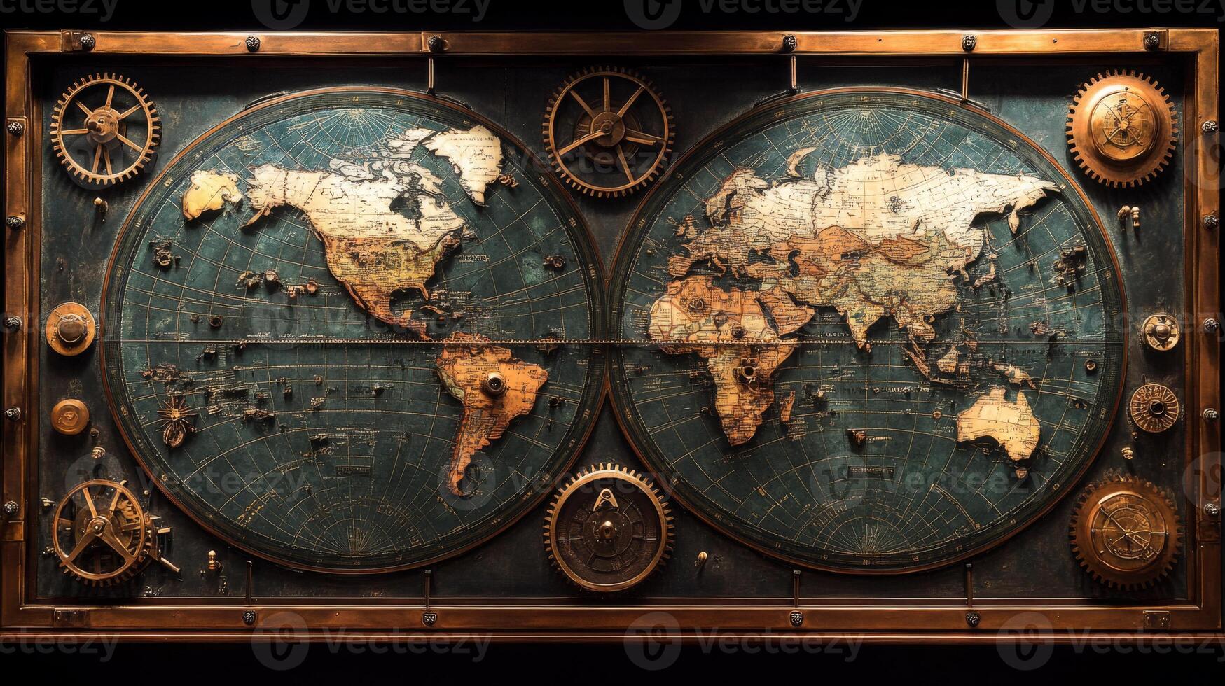 Intricate gear world map crafted from antique brass showcasing detailed geographical features and steampunk elements for an elegant vintage decor photo