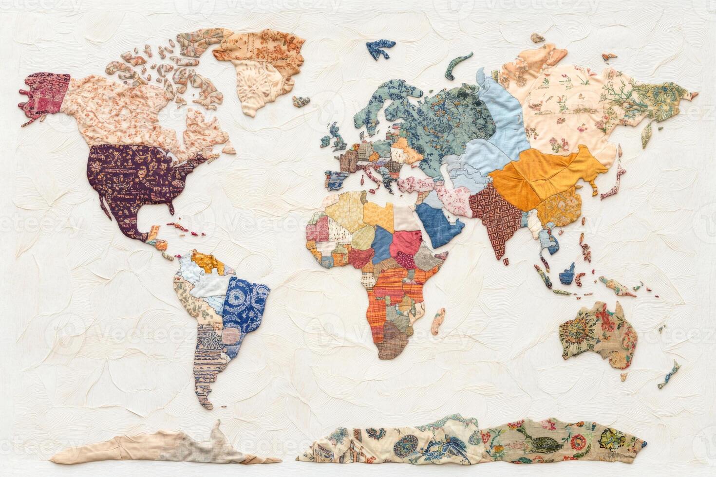 Colorful world map patchwork textile displaying various patterns and hues representing continents and regions, showcasing creativity in textile design reflecting global diversity in fabric styles photo