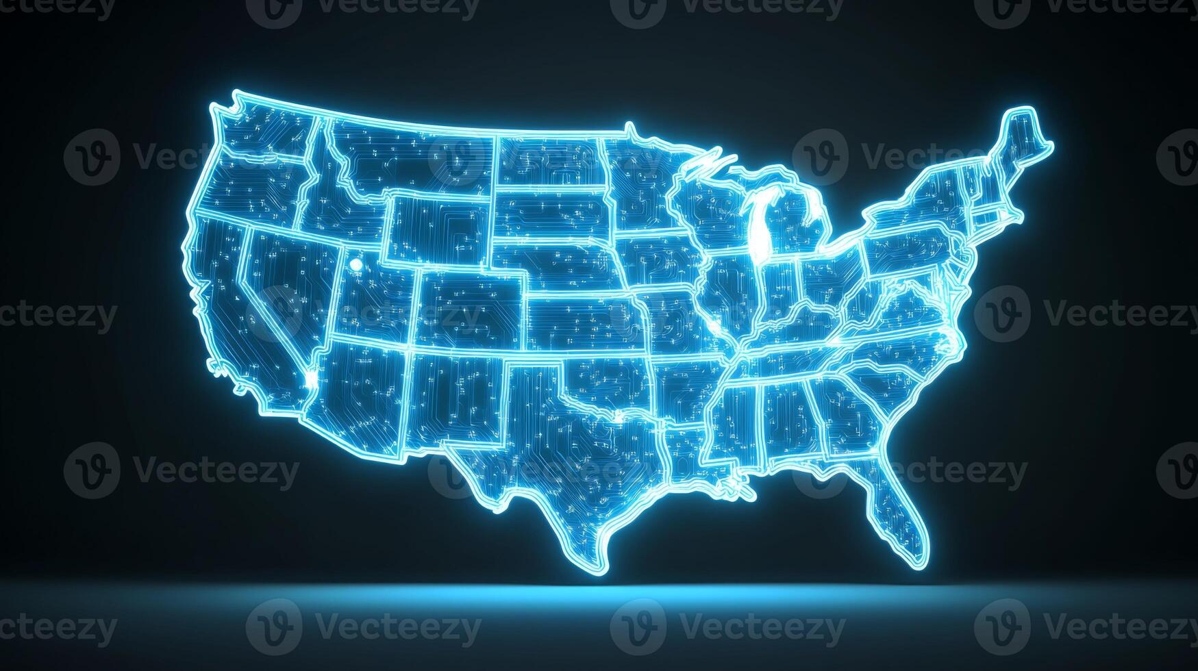 Neon light map displaying the geographical layout of the United States with vibrant glowing outlines of individual states against a dark backdrop photo