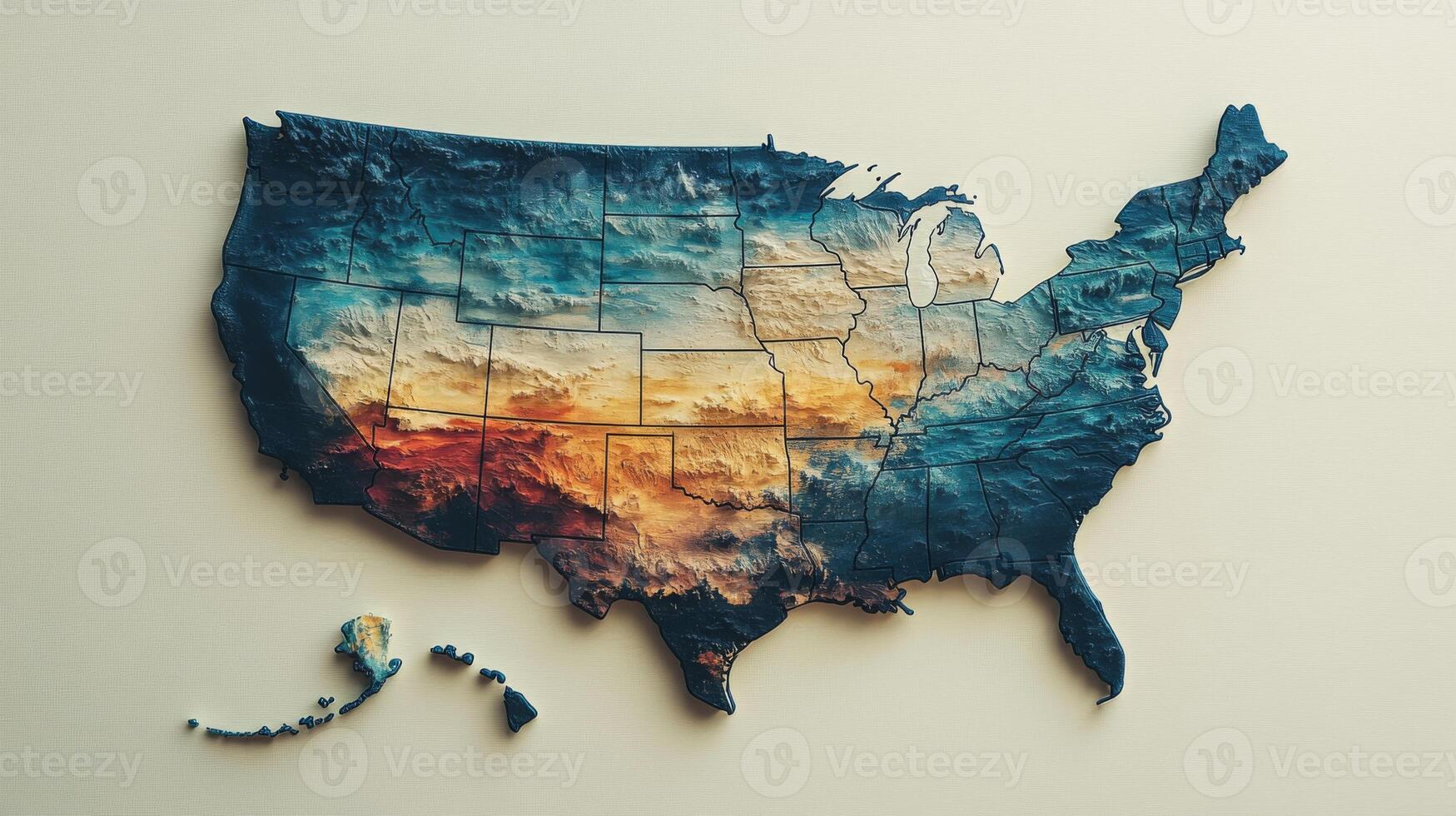 Vibrant USA map showcasing colorful landscapes across different states and regions with intricate textures, representing unique geographical features photo