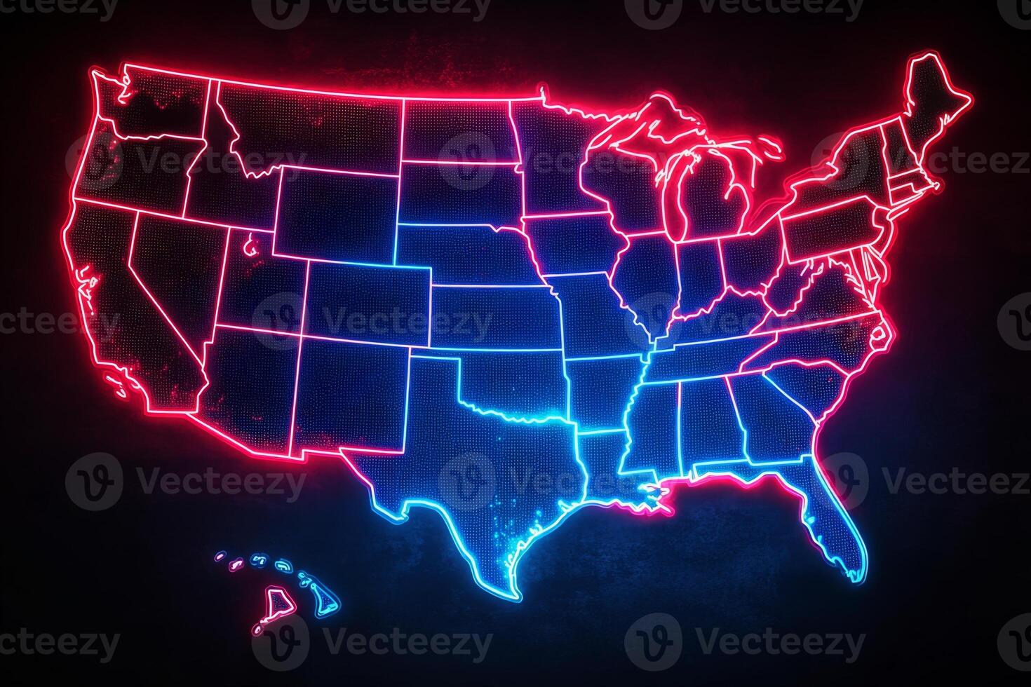 Light map of the United States depicting the nation in neon colors, showcasing state boundaries and geographical features with vibrant illumination photo