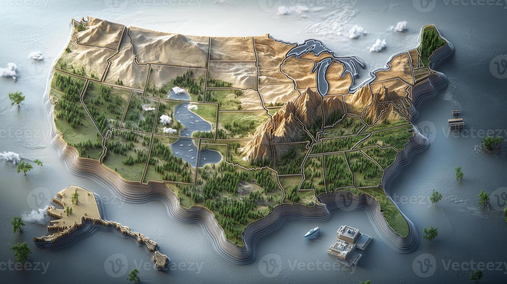 Relief map illustrating the diverse topography and geographic features of the United States including mountains, lakes, and forests in a visually engaging 3D representation photo