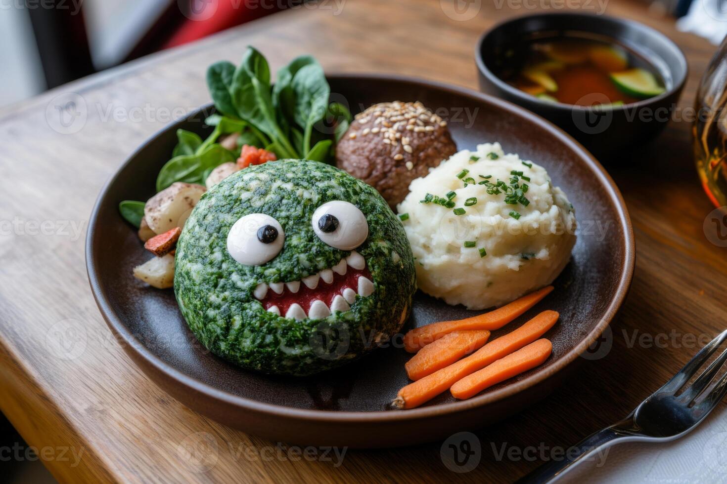 Kids lunch plate featuring a playful monster shape with vegetables and sides, served at a family friendly cafe during lunchtime photo