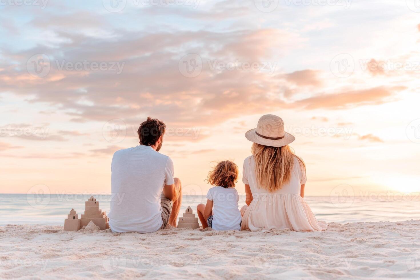 Family enjoying a sunset on the beach while building sandcastles together, creating lasting memories in a tranquil atmosphere as the sun sets over the ocean horizon photo