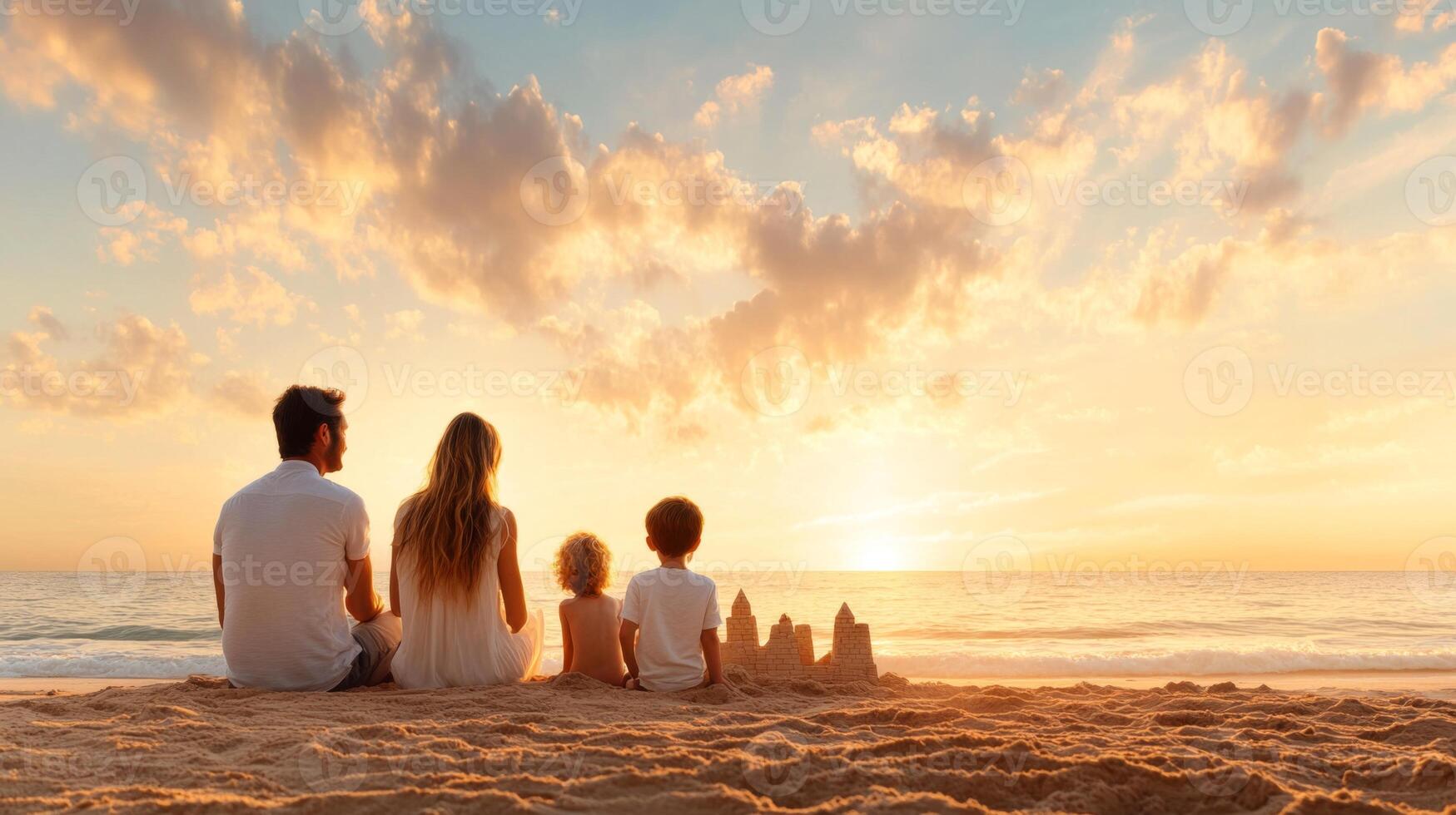 Family enjoying a serene beach sunset while building sandcastles together, creating lasting memories in a beautiful coastal paradise during the golden hour photo