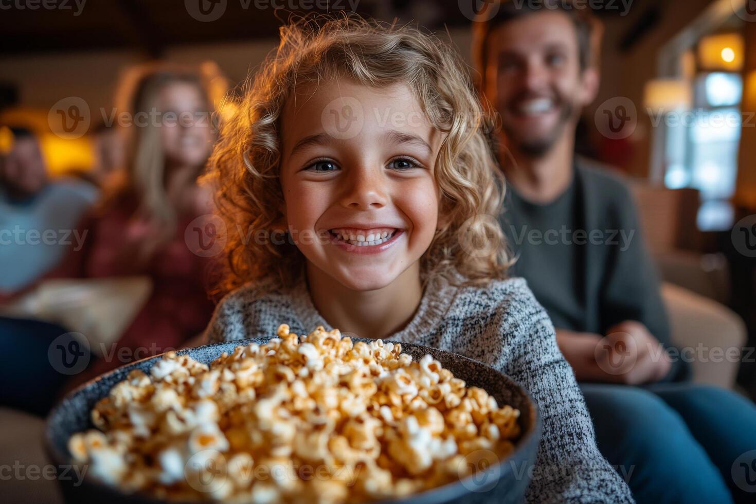 Enjoying family movie night with laughter and popcorn in a cozy living room setting photo