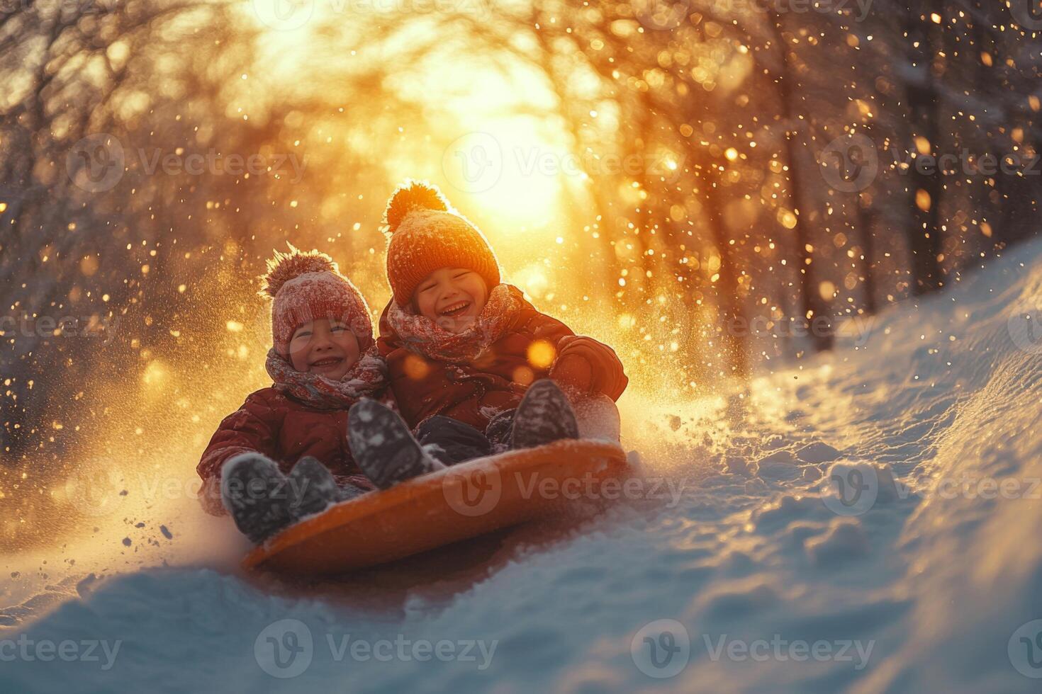 Children enjoying a fun winter day sledding down a snowy hill at sunset with sparkling snowflakes all around them photo