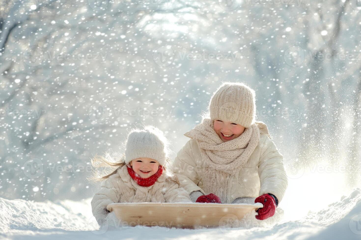 Two children enjoy a fun winter day sledding through a snowy landscape filled with trees as snowflakes fall gently around them photo