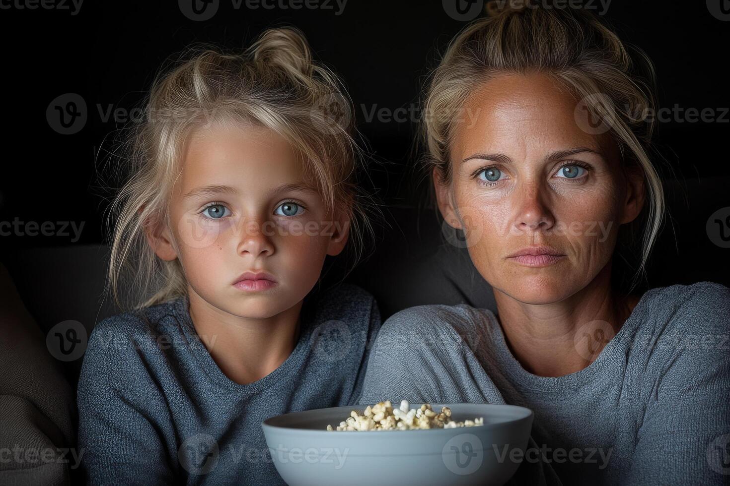 Mother and daughter share a bonding moment while watching a scary movie at home on a cozy evening with popcorn in hand photo