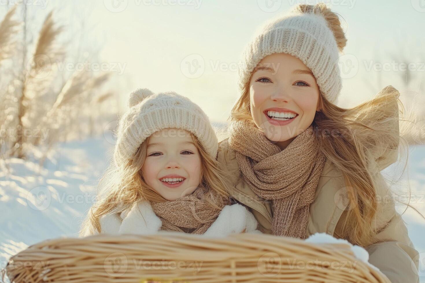 Family enjoys a joyful day of sledding in a snowy landscape surrounded by trees under a clear blue sky, creating cherished winter memories on a beautiful sunny afternoon photo