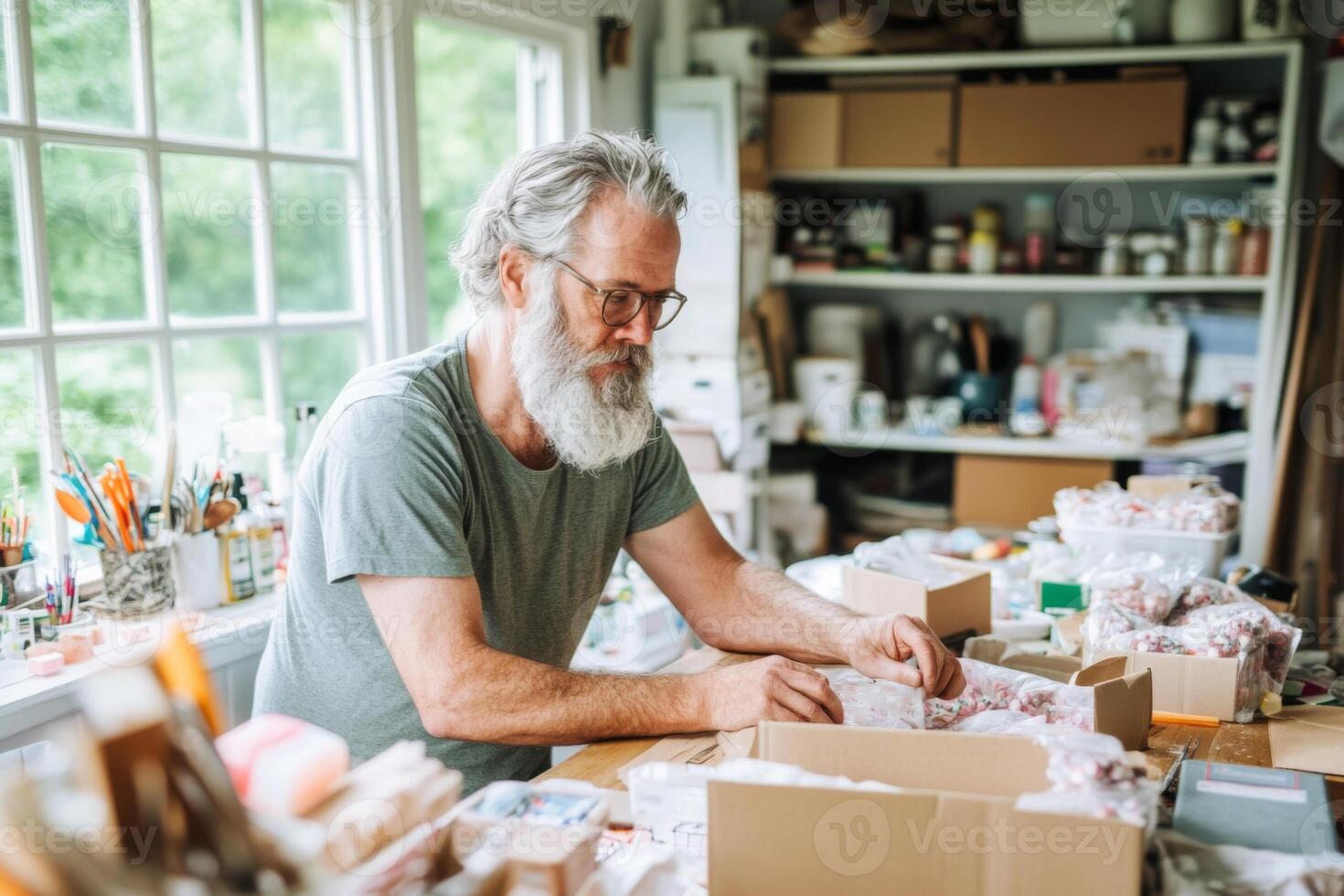 Craftsman organizing handmade products in a cozy workspace in the afternoon light photo